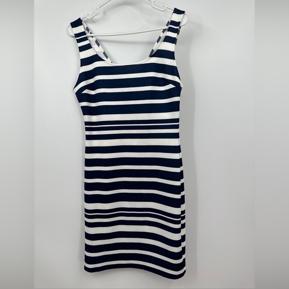 NWT Aqua Bloomingdales Women’s L Navy & White Stripe Short Dress V-Back Bodycon - Picture 1 of 6
